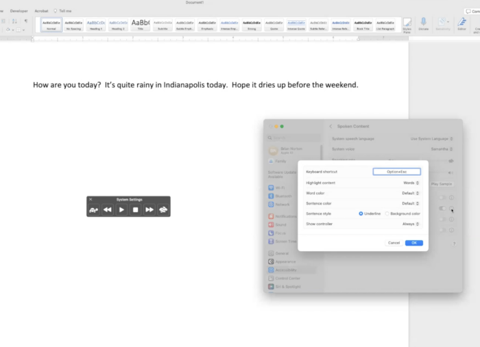 screenshot of Spoken Content toolbar in Word document